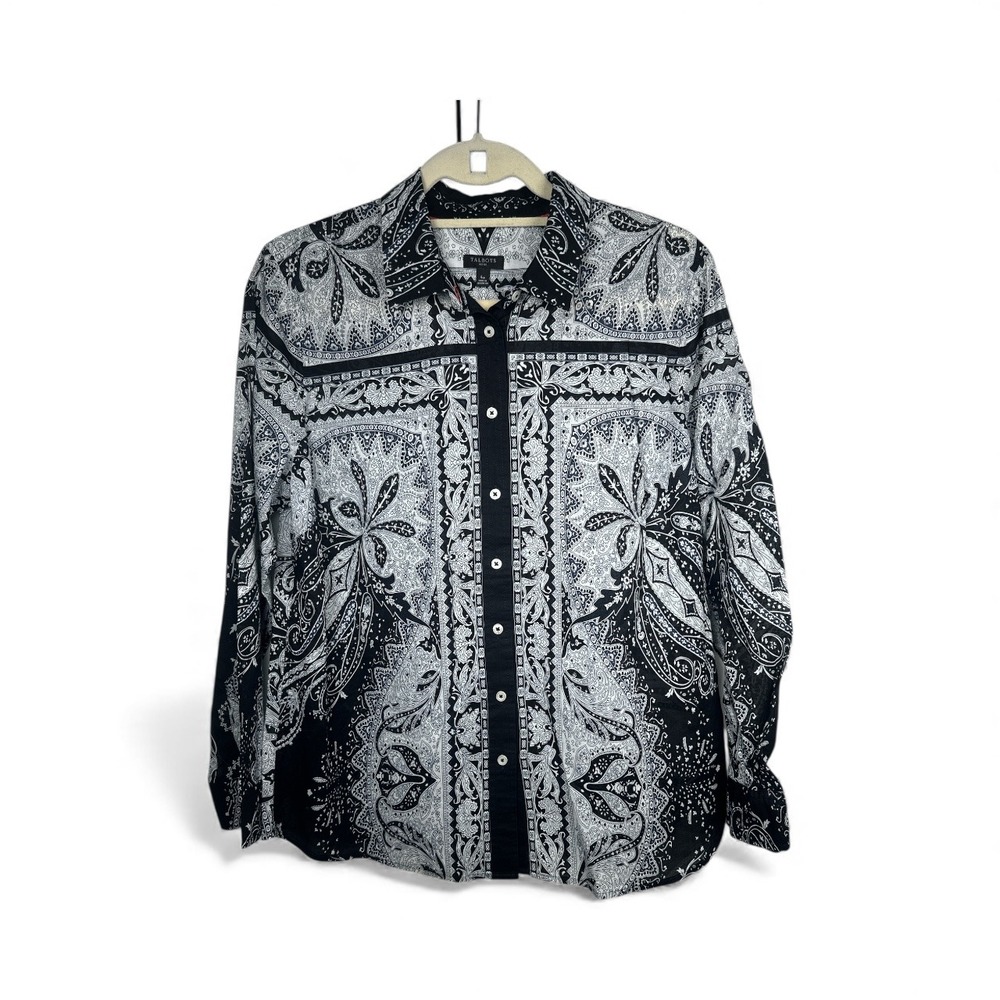 Talbots Long Sleeve Black White Paisley Print Button Down Shirt Large Petite